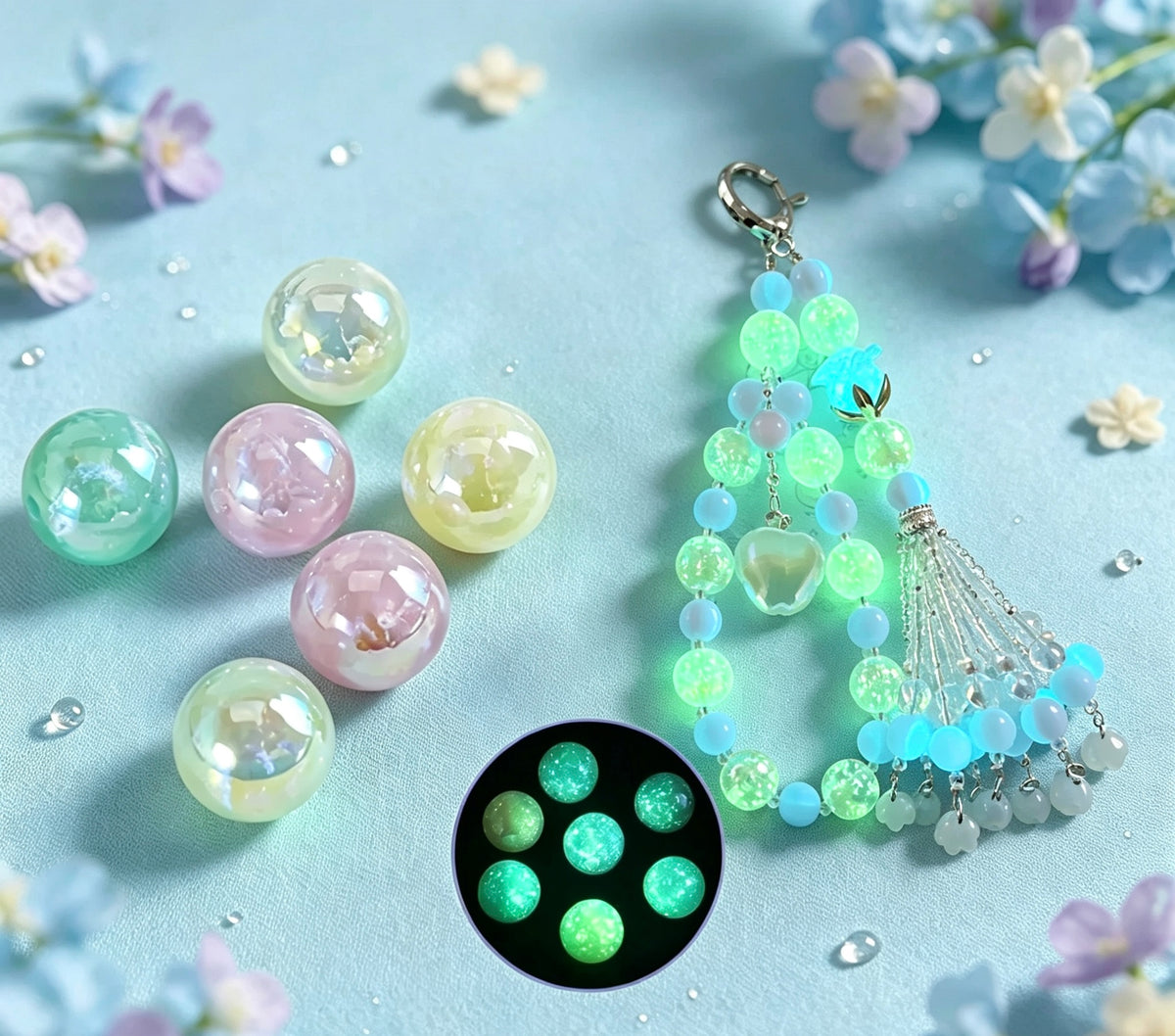 【16mm 12mm夜光】ラウンドビーズ DIYアクセサリーパーツ きらきら ブレスレット・スマホチャーム素材