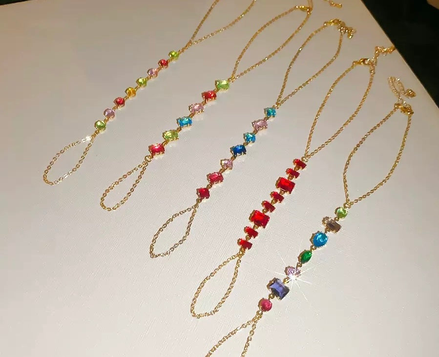 [開封]七色カラーストーンロングタッセルネックレス 細身ブレスレット 華やか手作りアクセサリー